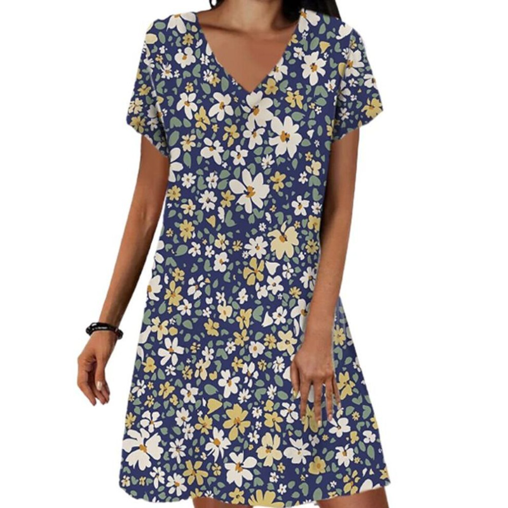 (yellow, 7XL) Summer Fashion V-neck Dress Ladies Short Sleeve Pink Rose Printed Dress Loose Casual Dress For Women