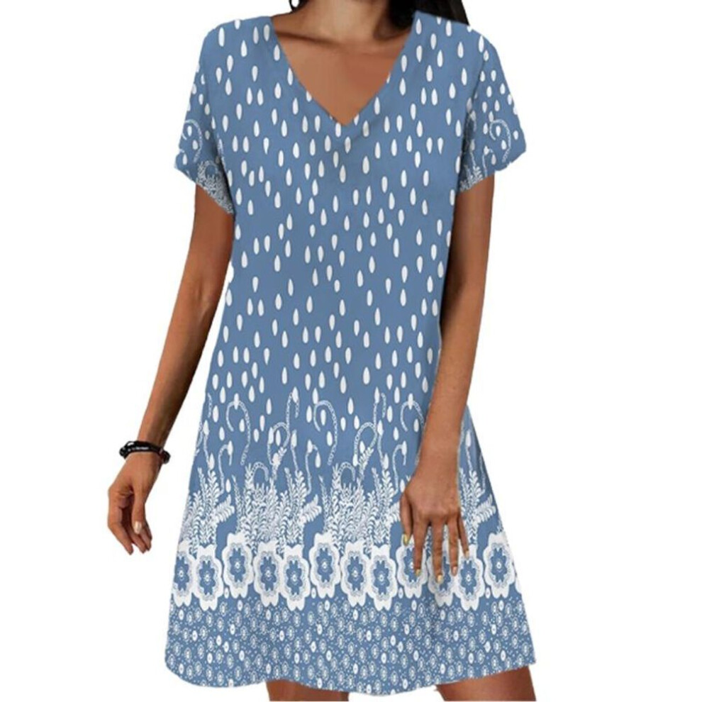 (blue, M) Summer Fashion V-neck Dress Ladies Short Sleeve Pink Rose Printed Dress Loose Casual Dress For Women