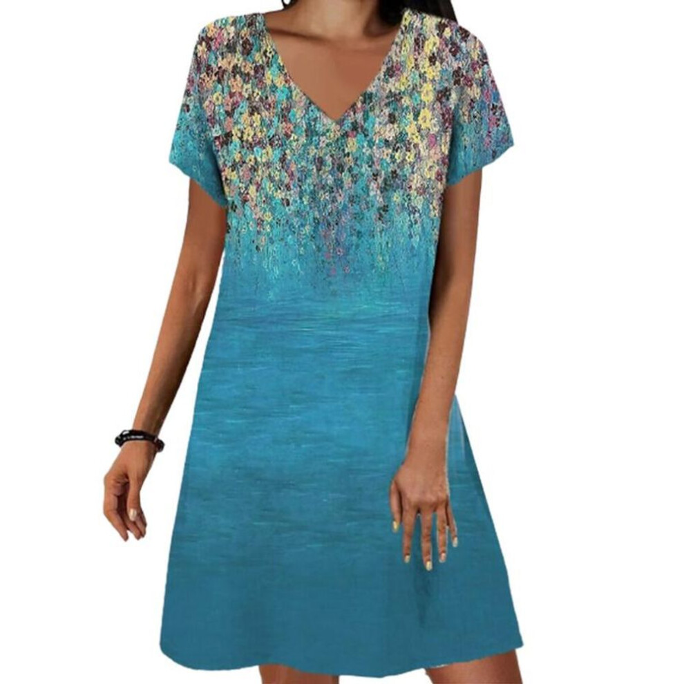 (navy blue, 4XL) Summer Fashion V-neck Dress Ladies Short Sleeve Pink Rose Printed Dress Loose Casual Dress For Women