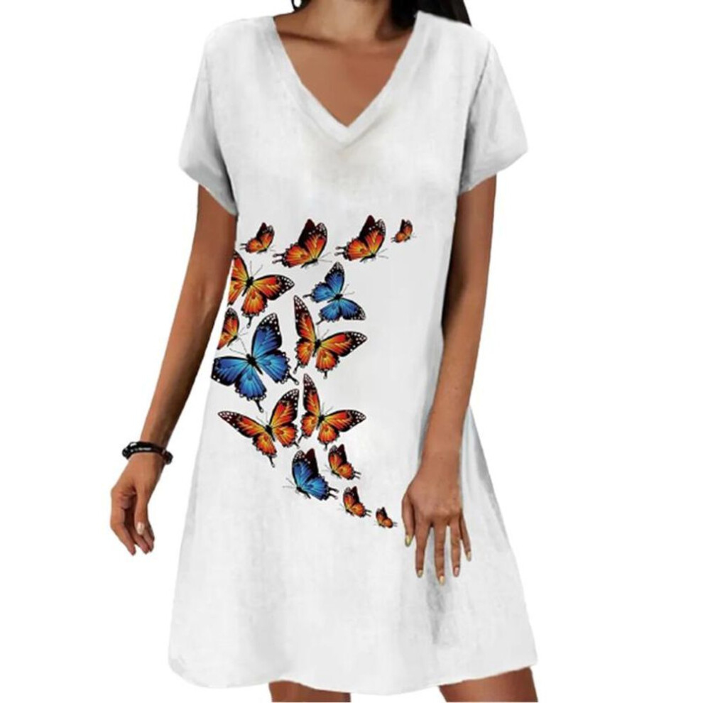 (white, 3XL) Summer Fashion V-neck Dress Ladies Short Sleeve Pink Rose Printed Dress Loose Casual Dress For Women