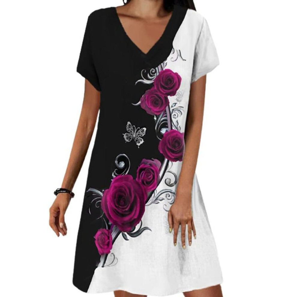 (pink, 2XL) Summer Fashion V-neck Dress Ladies Short Sleeve Pink Rose Printed Dress Loose Casual Dress For Women