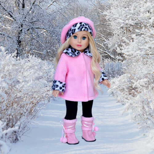 Elegance  Roupa de boneca de 4 peas de 18 polegadas  Casaco de l rosa combinando com chapu, cala marrom e botas sherpa  (boneca no inclu 1
