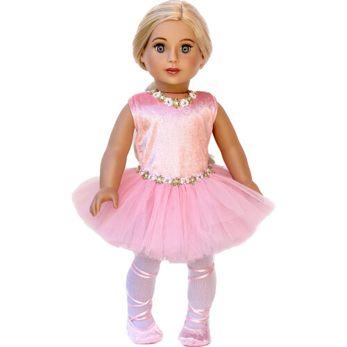 Dreamworld Collections Prima Ballerina - roupa de bailarina de 3 pe   as se encaixa em boneca de 18 polegadas - collant rosa com meias brancas e sa 1