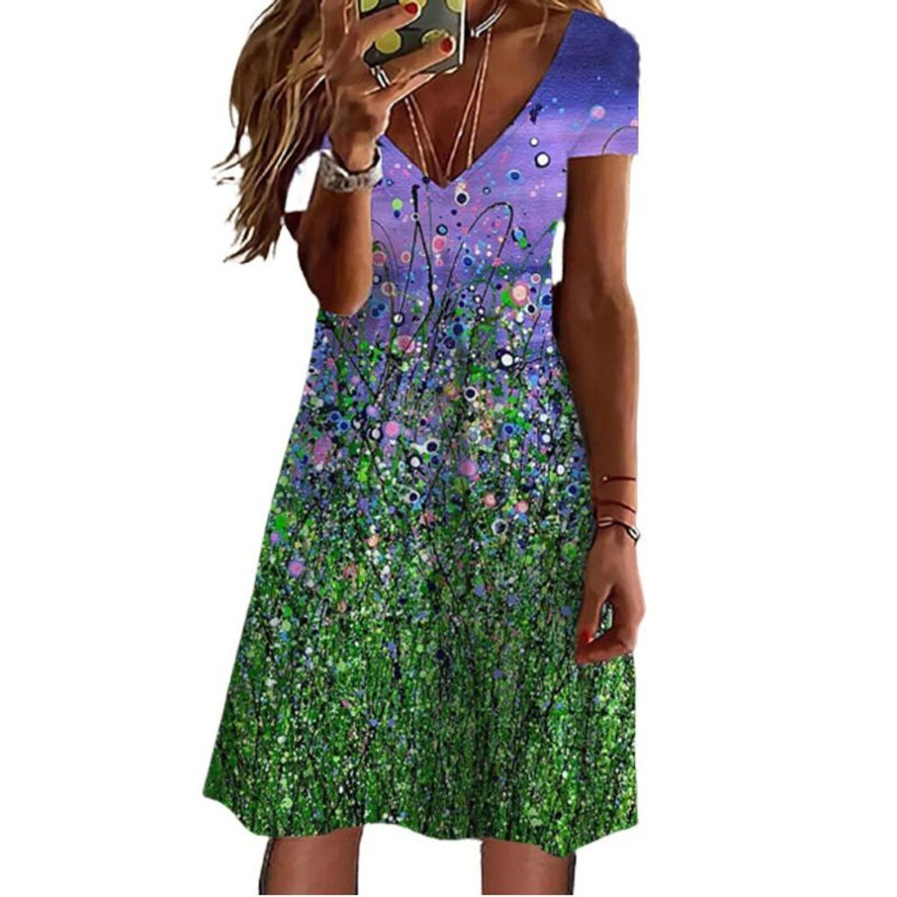 (green, 8XL) Summer Fashion V-neck Dress Ladies Short Sleeve Blue Flower Sea Printed Dress Loose Casual Dress For Women