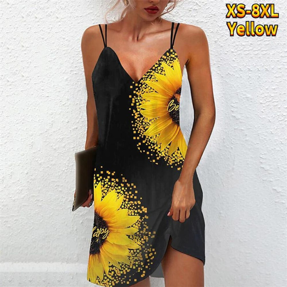 (yellow, L) Summer Fashion V-neck Dress Ladies Short Sleeve Printed Green Gradient Feather Dress Loose Casual Dress For Women