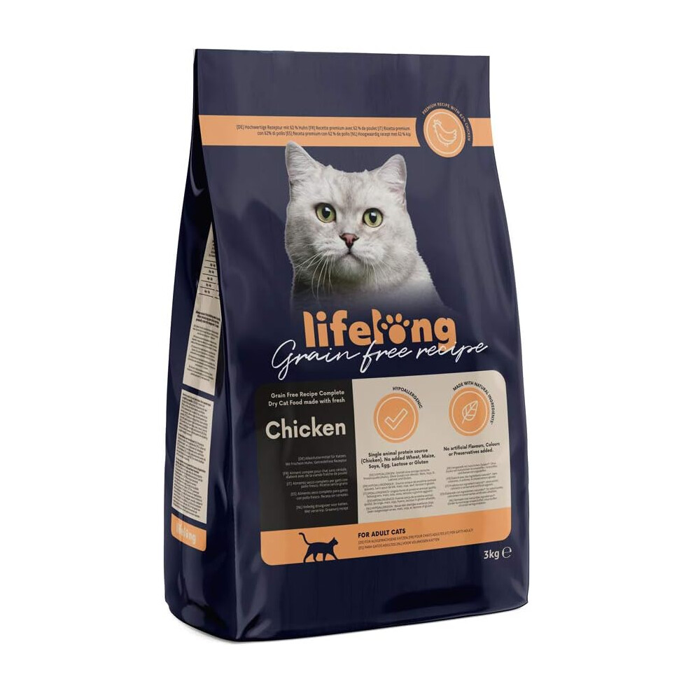 Lifelong Grainfree Chicken Cat Food for Adult Cats - 3kg, 62% Chicken, Hypoallergenic, No Wheat/Gluten, with Glucosamine & Taurine
