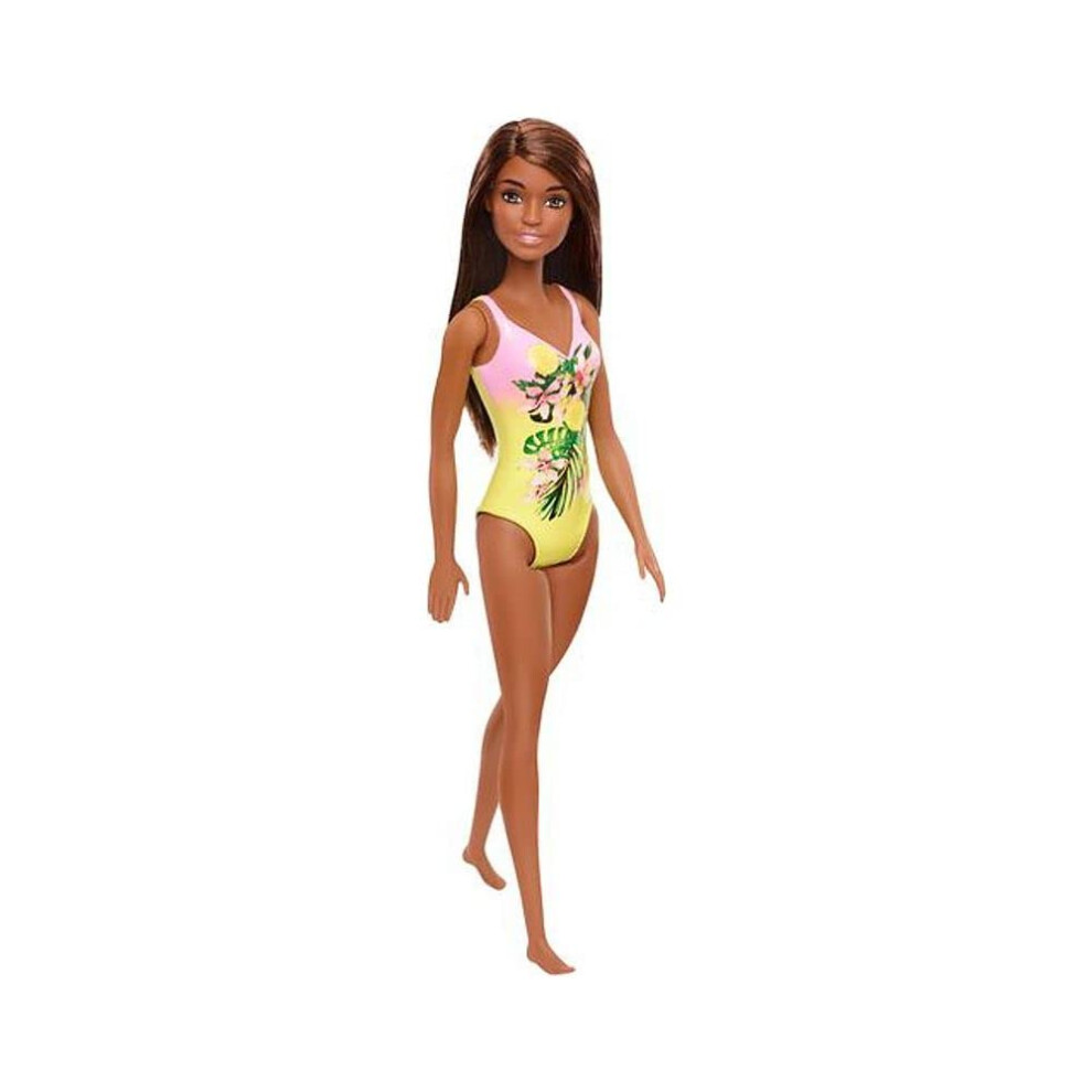 Poup?e Barbie brune portant un maillot de bain ? fleurs rose et jaune pour Ki