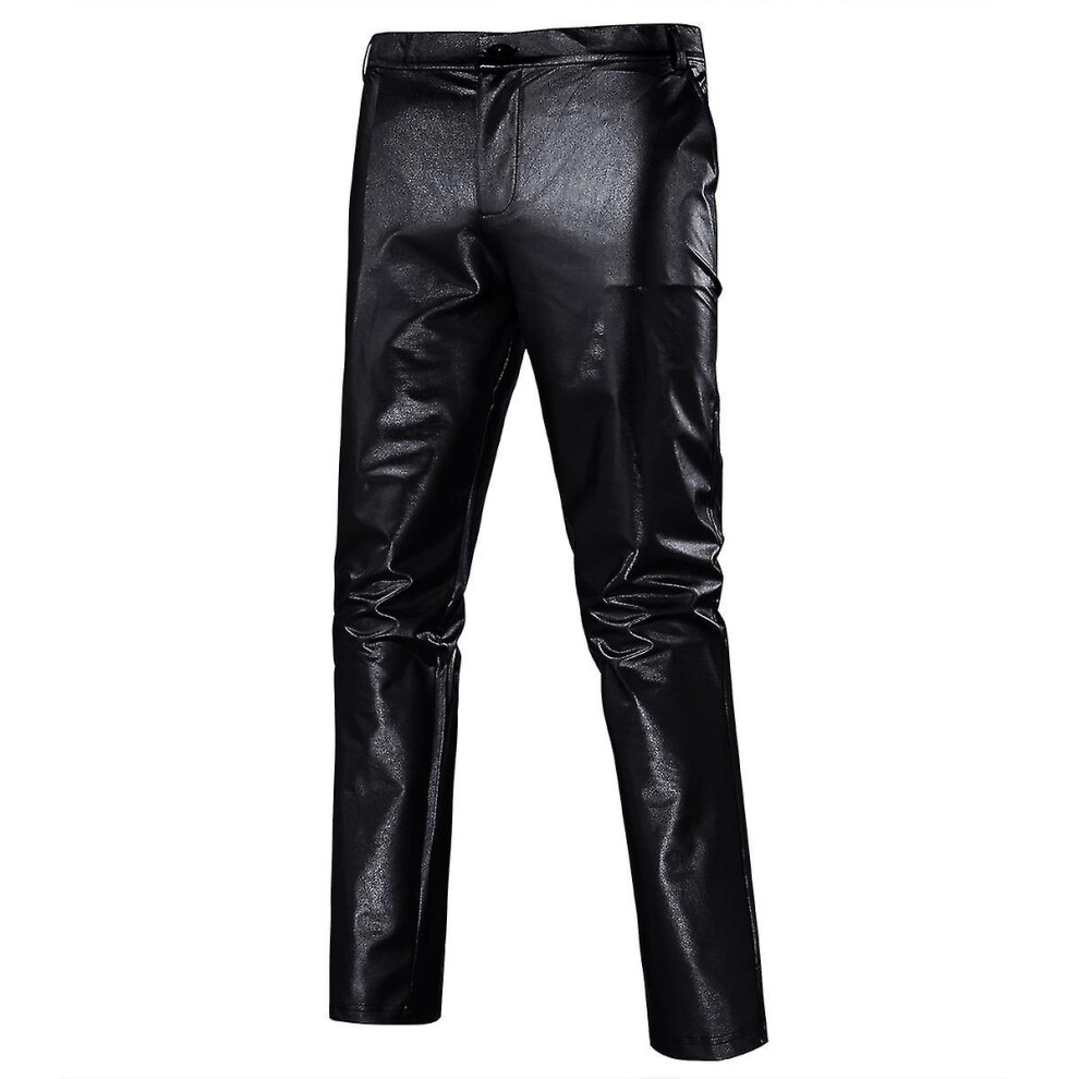 (Black, XL) Mens Casual Night Club Metallic Moto Jeans Style Flat Front Suit Pants Straight Leg Trousers-image-OPC-PG6XRVW-NEW