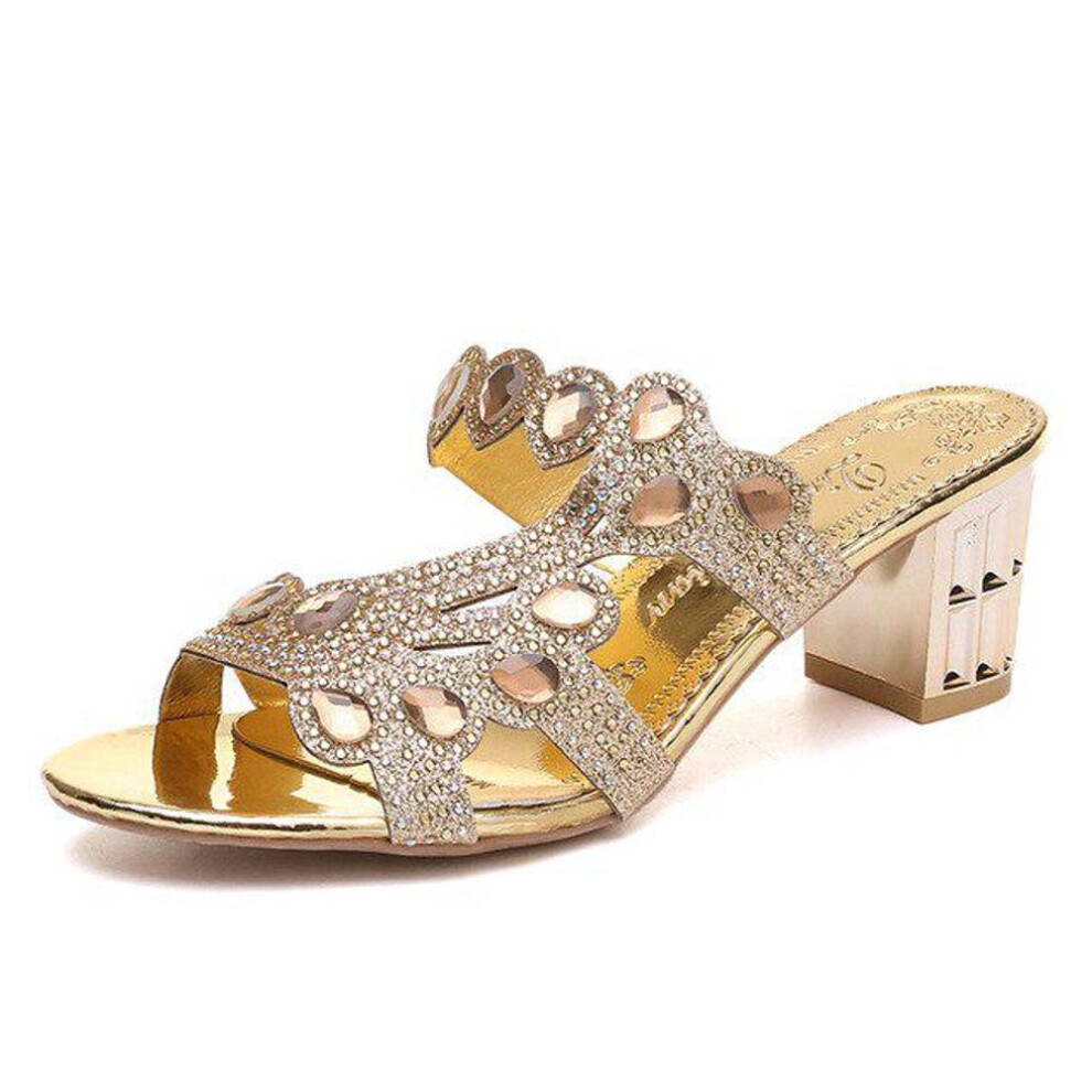 (gold, 38) Rhinestone Sandals Women Block Heel Shoes Fashion Slippers Sandals Summer Plus Size Women Heels Sandals Sexy Ladies Sandles
