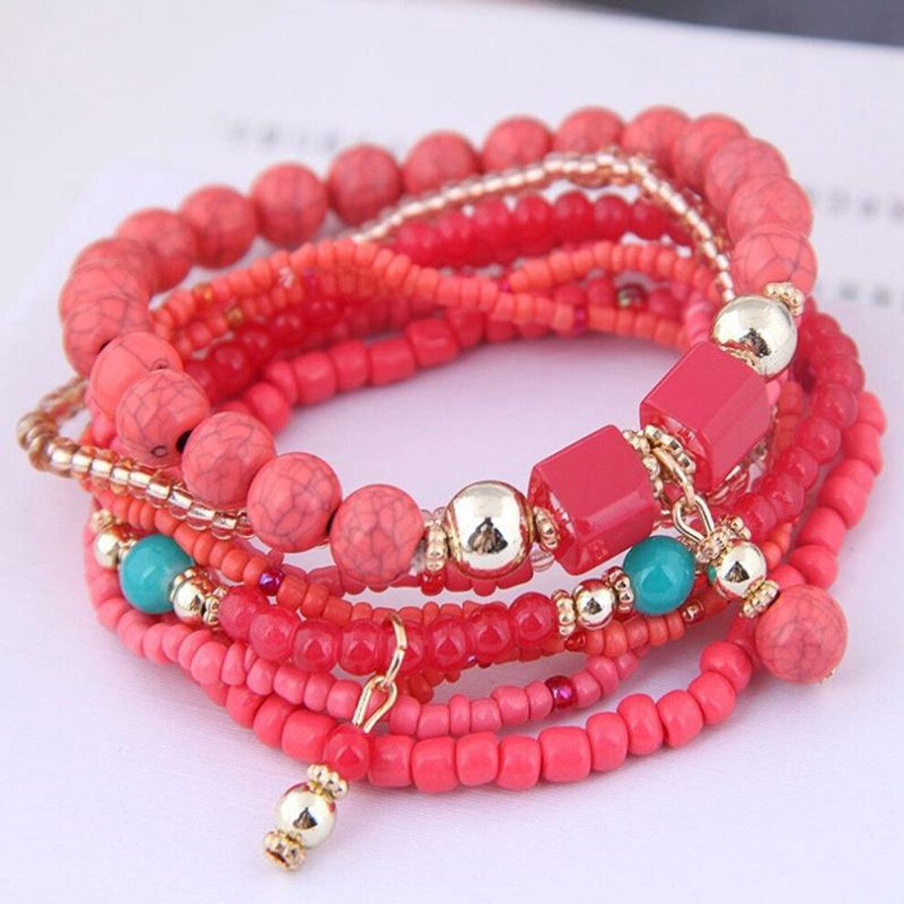 (red) 5 Colors Women Bohemian Multilayer Bracelet Creative Turquoise Beaded Bangle Fashion Jewelry