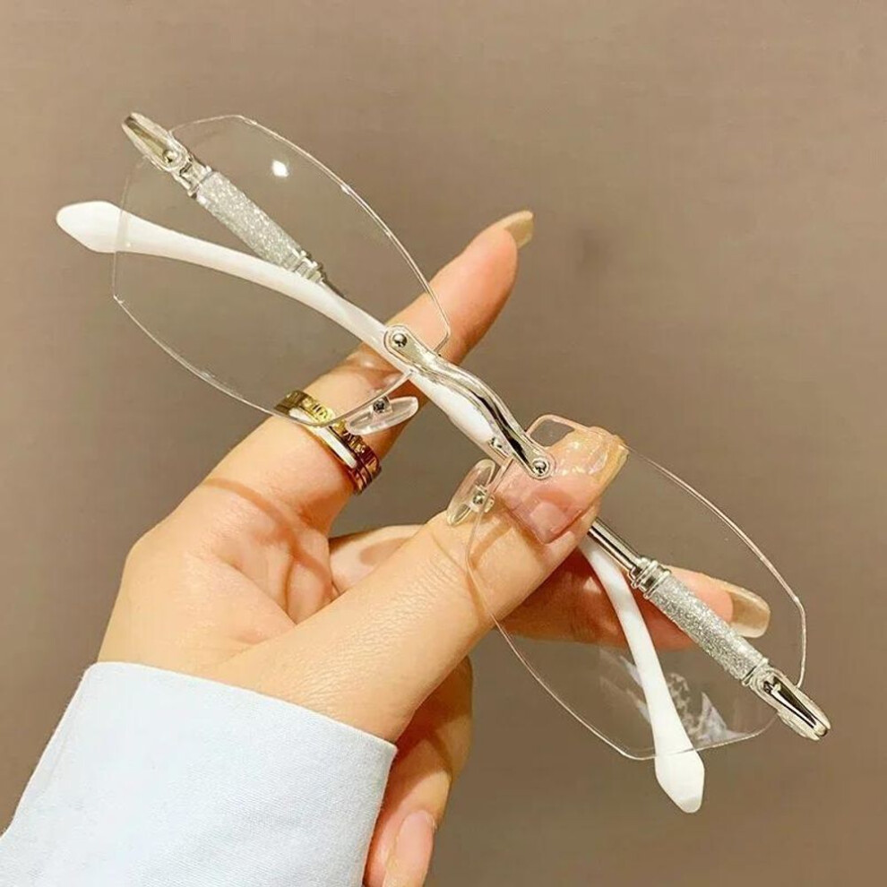 (silver, +100) New Trendy Rimless Reading Glasses For Women High-definition Anti Blue Light Presbyopia Eyewear Unisex Far-sighted Eyeglasses