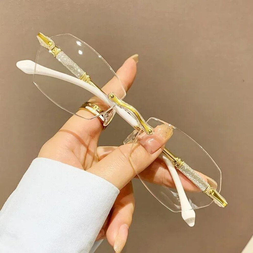 (gold, +250) New Trendy Rimless Reading Glasses For Women High-definition Anti Blue Light Presbyopia Eyewear Unisex Far-sighted Eyeglasses