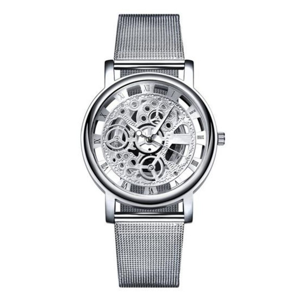 (silver) Unisex Watch Hollow Out Imitaion Mechanical Watch Solid Color Stainless Luxury Accurate Time Round Dial Adjustable Vintage Business Gift Couple Watch