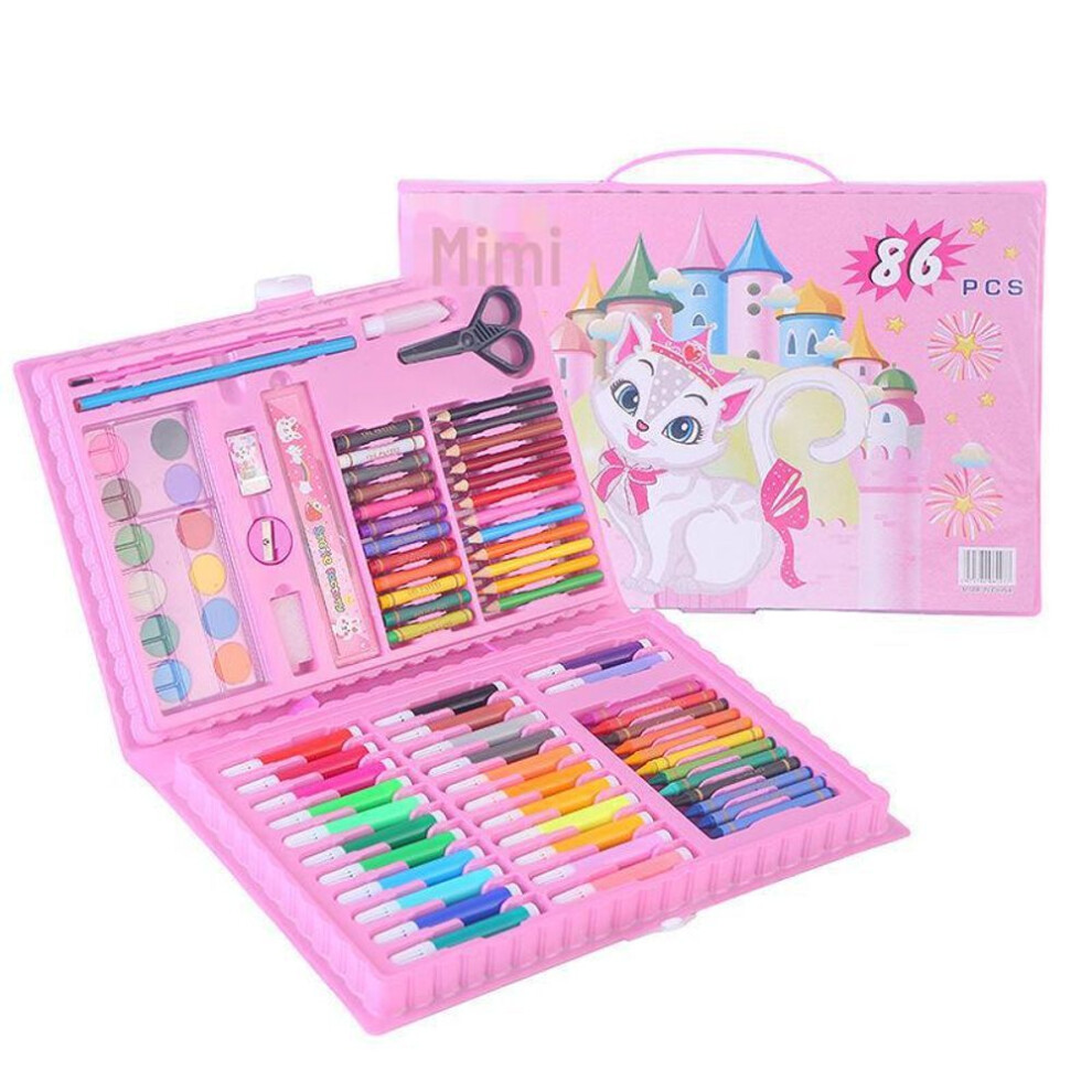 (pink, 86 pieces) Children&apos;s Paintbrush Set - 86 Piece Washable Art Painting Kit With Crayons, Watercolor Pens, Stationery, And Colorful Gift Pens