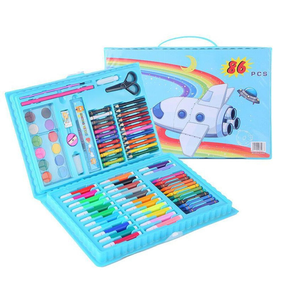 (blue, 86 pieces) Children&apos;s Paintbrush Set - 86 Piece Washable Art Painting Kit With Crayons, Watercolor Pens, Stationery, And Colorful Gift Pens
