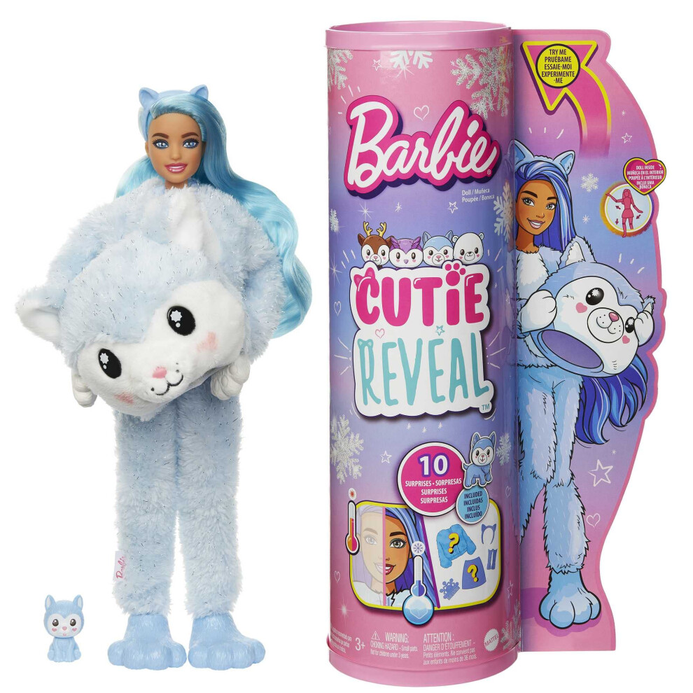 Barbie Cutie Reveal Doll Snowflake Sparkle Series Husky Plush Costume