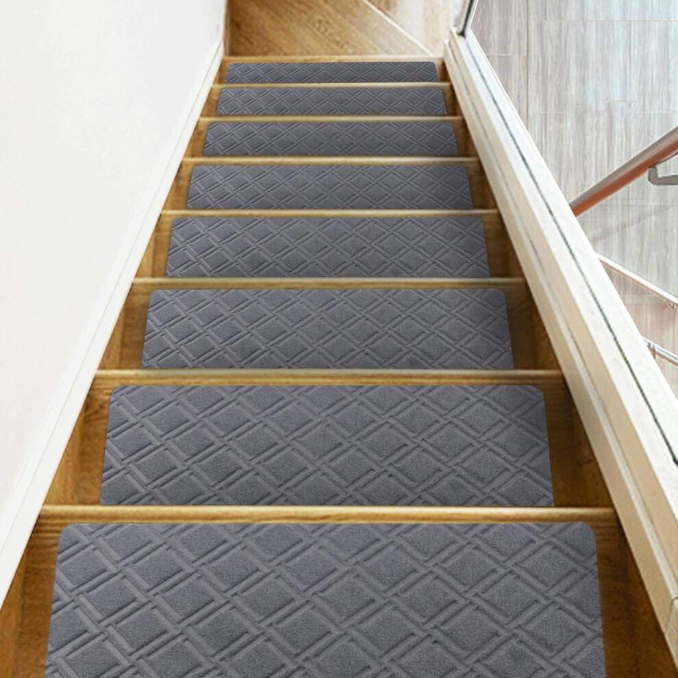 (Grey) Stair tread carpet non-slip, indoor stair treads for wooden steps with non-slip rubber backing, removable and washable step treads
