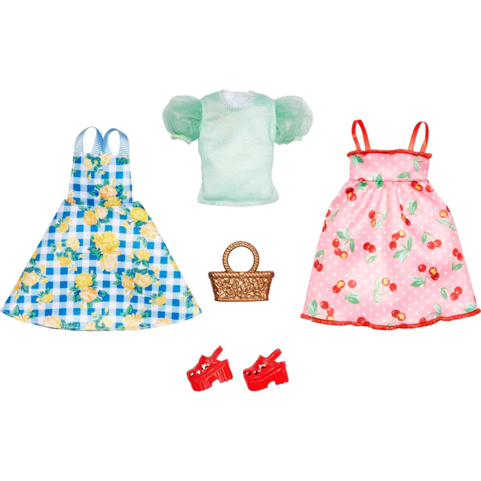 Barbie Fashions Puppenkleidungs- Und Zubeh Rset, 2 Kleider Zum Thema Picknick Mit Korb Und Schuhen F R 2 Komplette Outfits-image