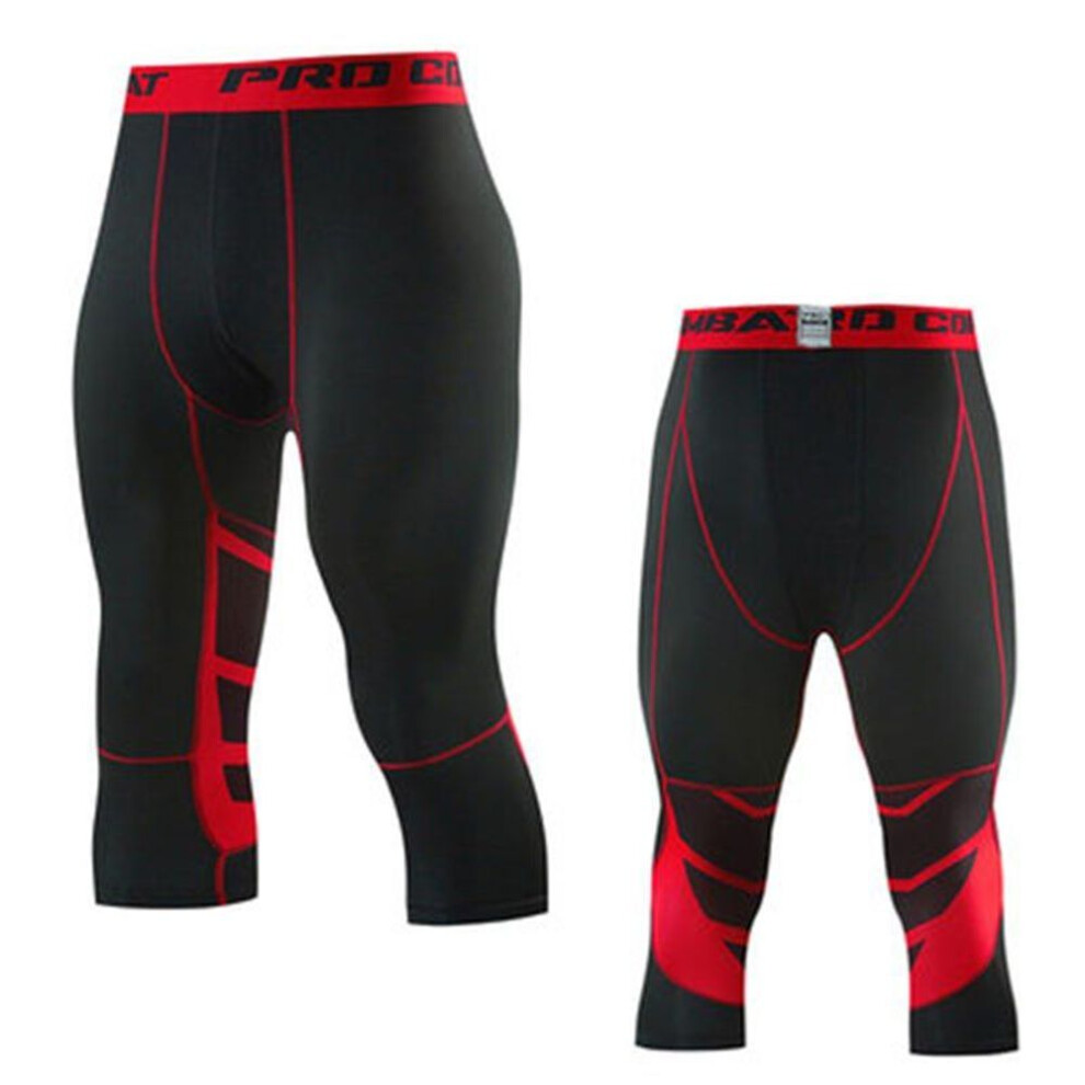 (red, 3XL) Men Basketball Sport 3/4 Cropped Pants Gym Training Fitness Running Boy Base Layer Exercise Athletic Jogging  Leggings Quick Dry