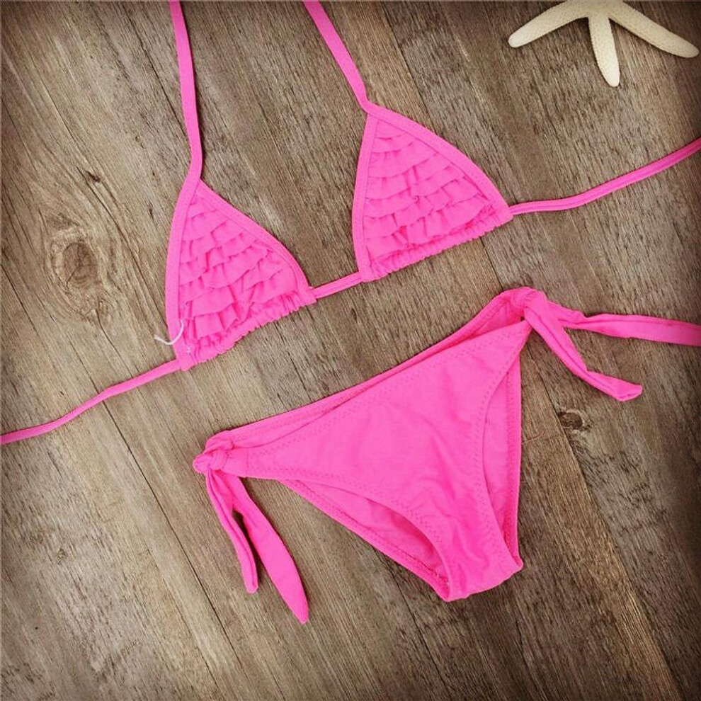 (pink, 10 years) Girls Swimwear Soild Baby Kids Swimwear Biquini Infantil Swimsuits Falbala Bikini Girl For 6-14years