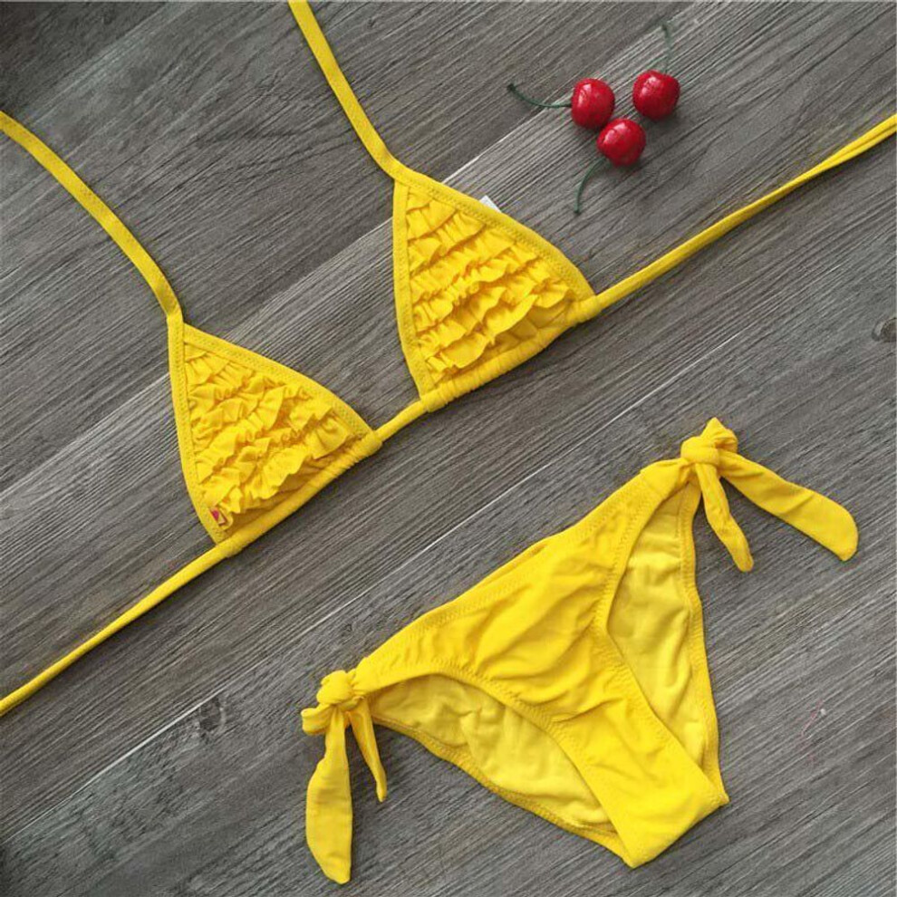 (yellow, 12 years) Girls Swimwear Soild Baby Kids Swimwear Biquini Infantil Swimsuits Falbala Bikini Girl For 6-14years