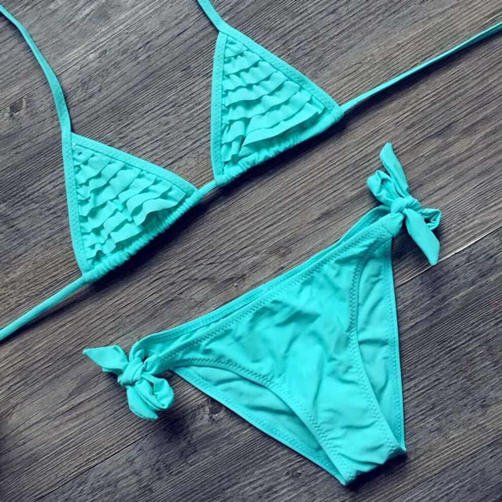 (sky blue, 10 years) Girls Swimwear Soild Baby Kids Swimwear Biquini Infantil Swimsuits Falbala Bikini Girl For 6-14years