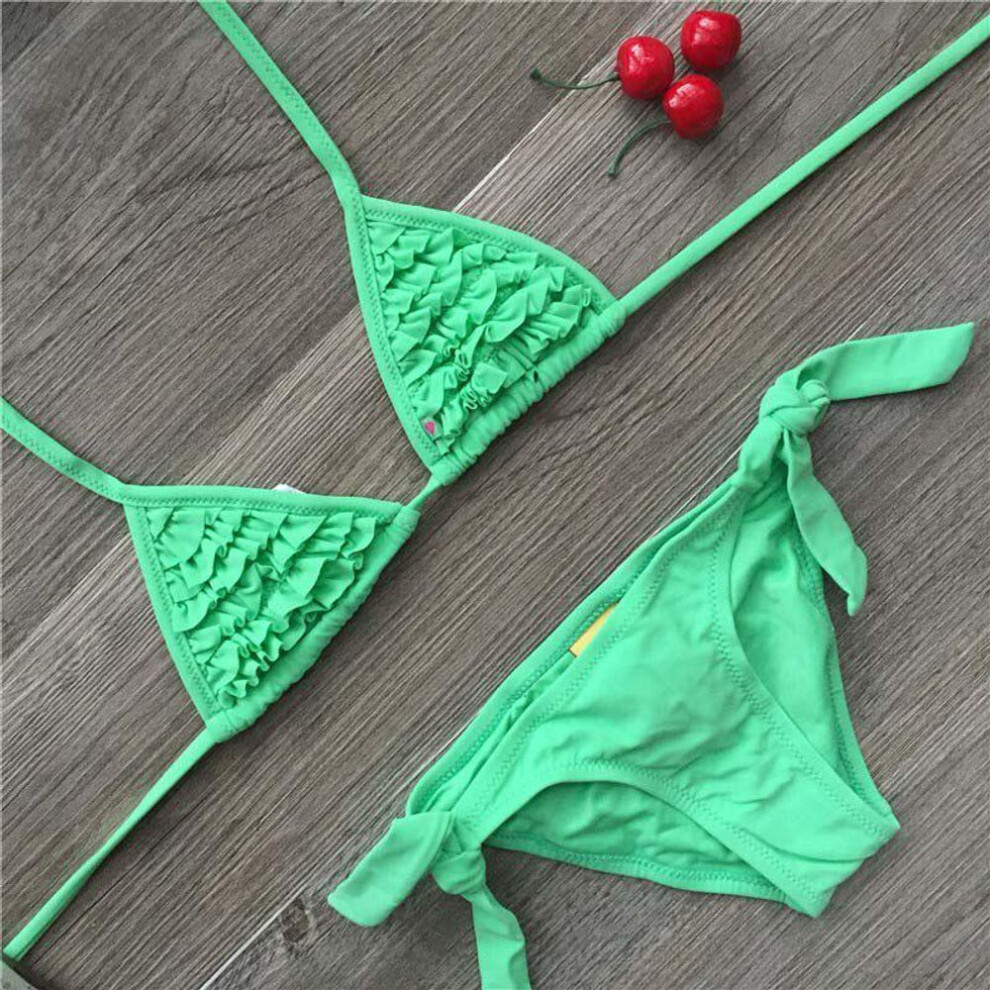 (green, 12 years) Girls Swimwear Soild Baby Kids Swimwear Biquini Infantil Swimsuits Falbala Bikini Girl For 6-14years