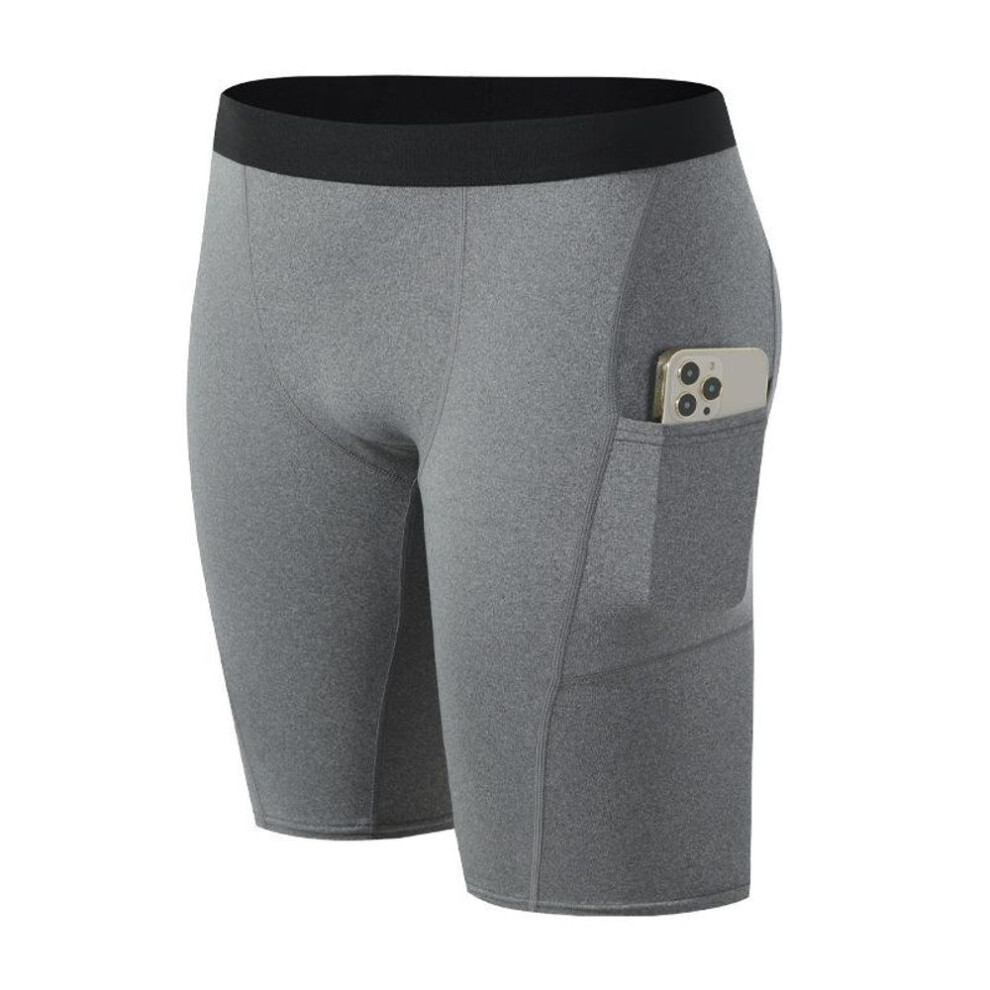 (gray, M) Men Black Leggings Base Layer White Skinny Sports Shorts Gym Fitness Training Gray Running Bottom Pants Tights Basketball Undershorts With Pocket