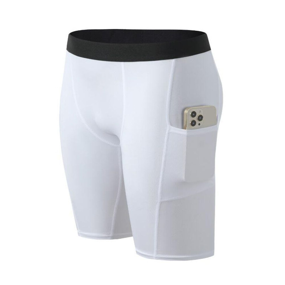 (white, S) Men Black Leggings Base Layer White Skinny Sports Shorts Gym Fitness Training Gray Running Bottom Pants Tights Basketball Undershorts With Pocket