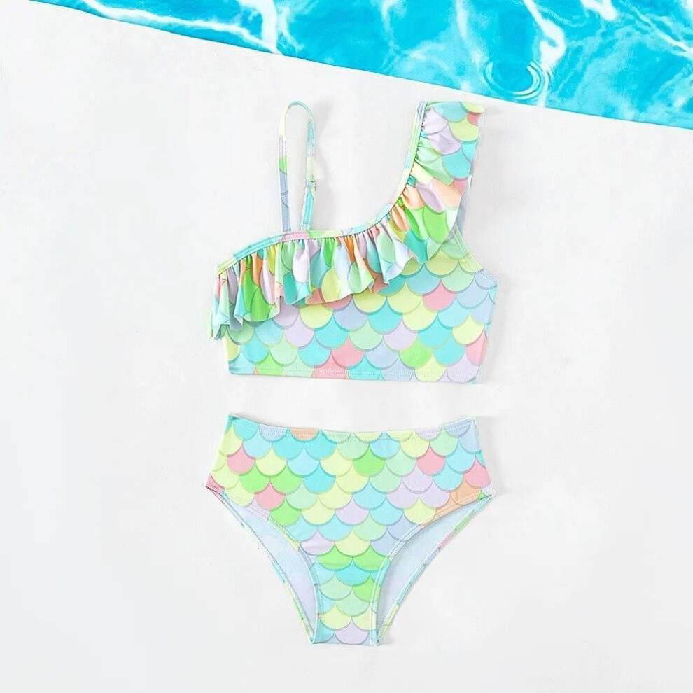(green, 5-6years) Girls Oblique Shoulder Fish Scale Baby Kids Swimsuit Bathing Suits For Children Two Pieces Swimwear Beach Bikini Sets