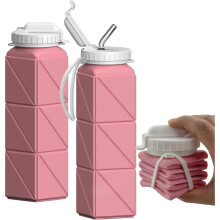 Collapsible Water Bottle with Straw, Silicone Foldable Portable Water Bottles 610ml Lightweight Leakproof,1 Pack (Pink)