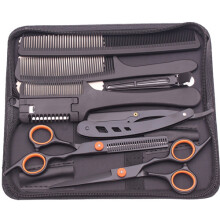 (Black orange) 6'' Hair Scissors Thinning Hairdressing Razors Com Set