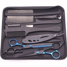 (Black blue) 6'' Hair Scissors Thinning Hairdressing Razors Com Set