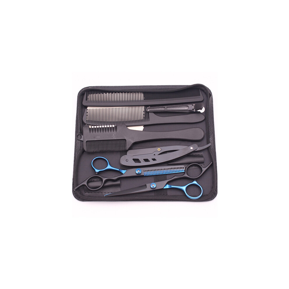 (Black blue) 6'' Hair Scissors Thinning Hairdressing Razors Com Set