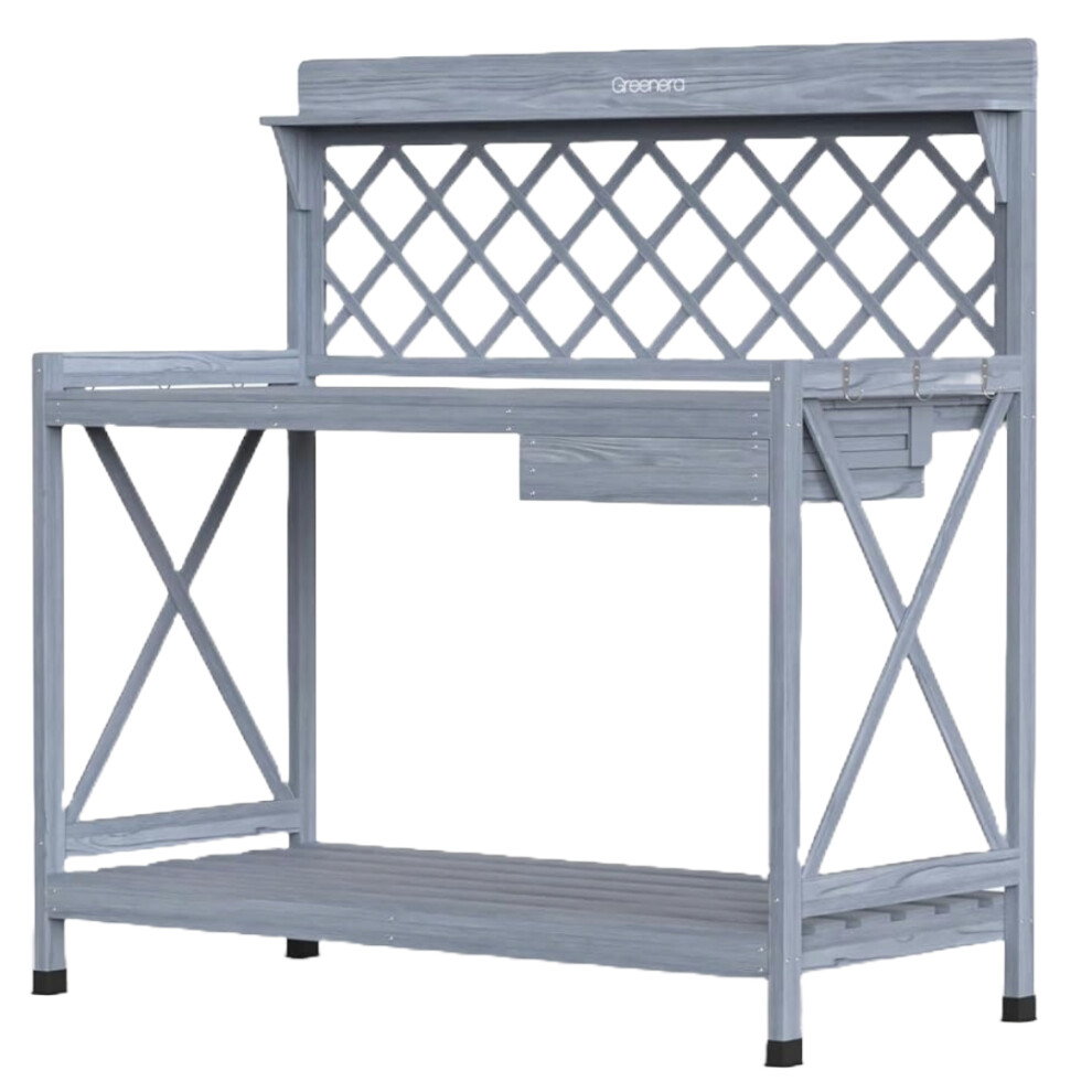 Wooden Garden Potting Table with Drawer Trellis Planting Bench Hooks Shelves