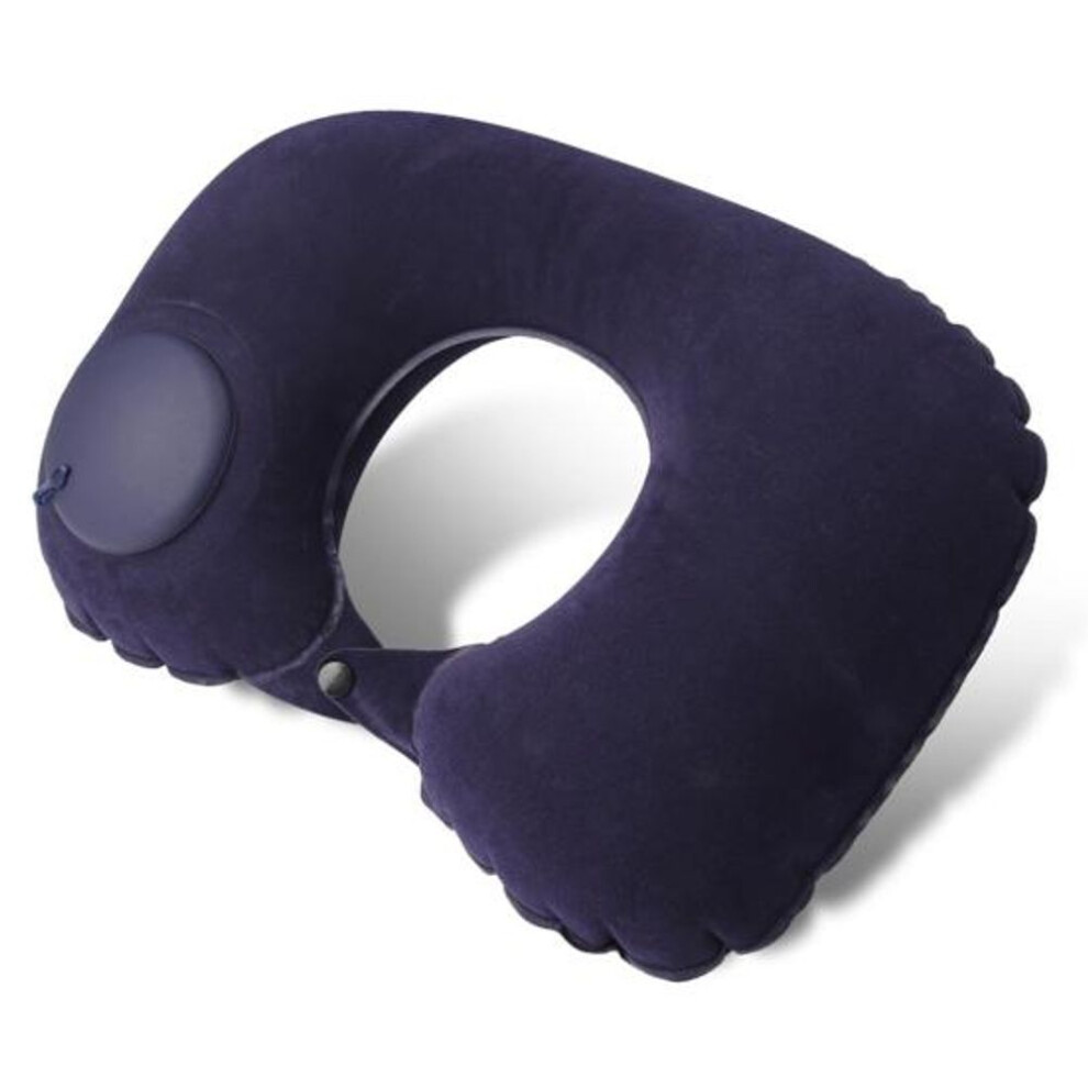 (dark blue) Useful Comfortable Flocking Surface Inflatable U-shaped Pillow Long Distance Travel Foldable Neck For Office