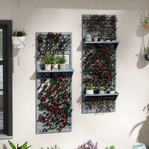 Outsunny Wall Mounted Plant Stands Set of 2 with Shelves and Slatted Trellis