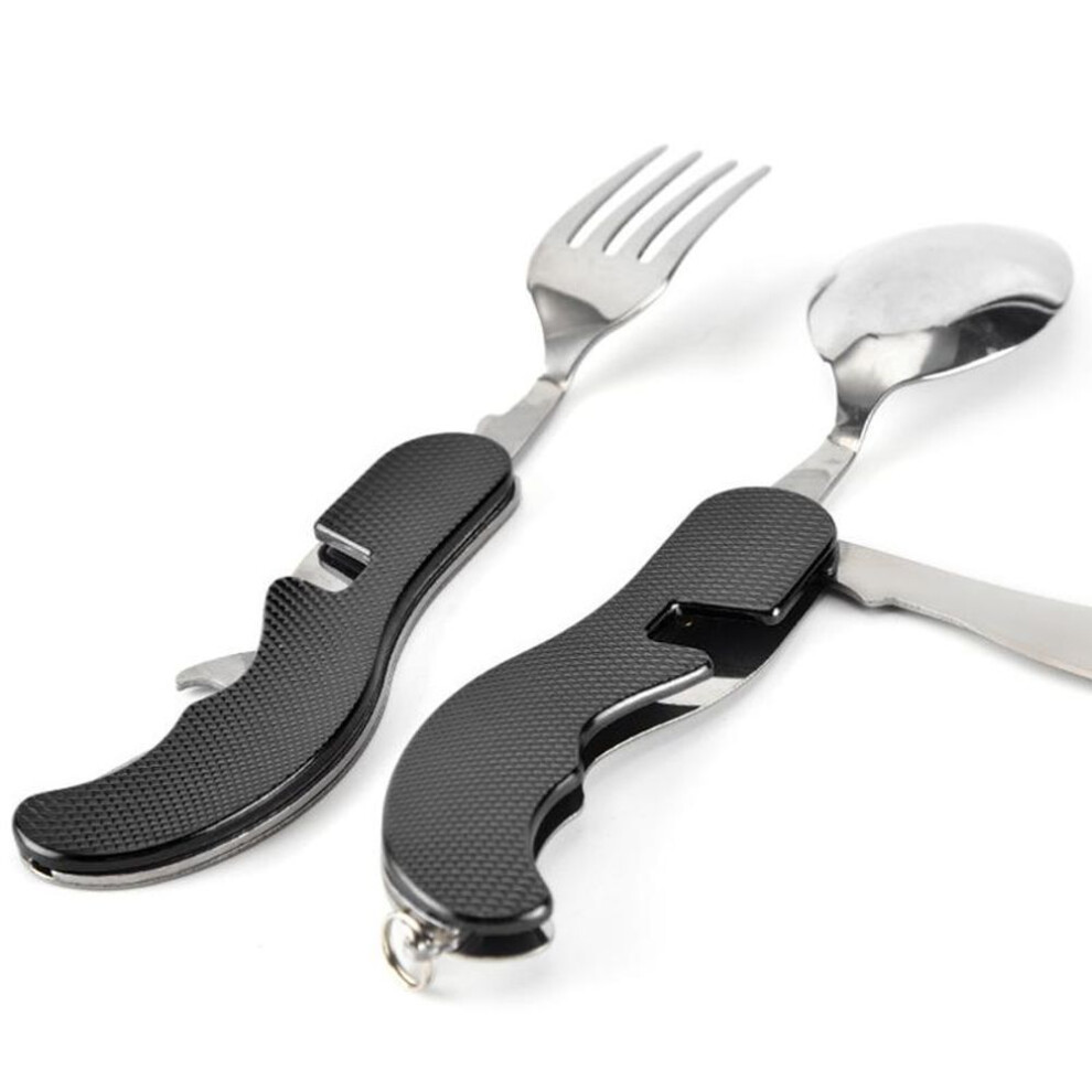 (black) 4 In 1 Outdoor Tableware Set Camping Cooking Supplies Stainless Steel Spoon Folding Pocket Kits Home Picnic Hiking Travel Tools