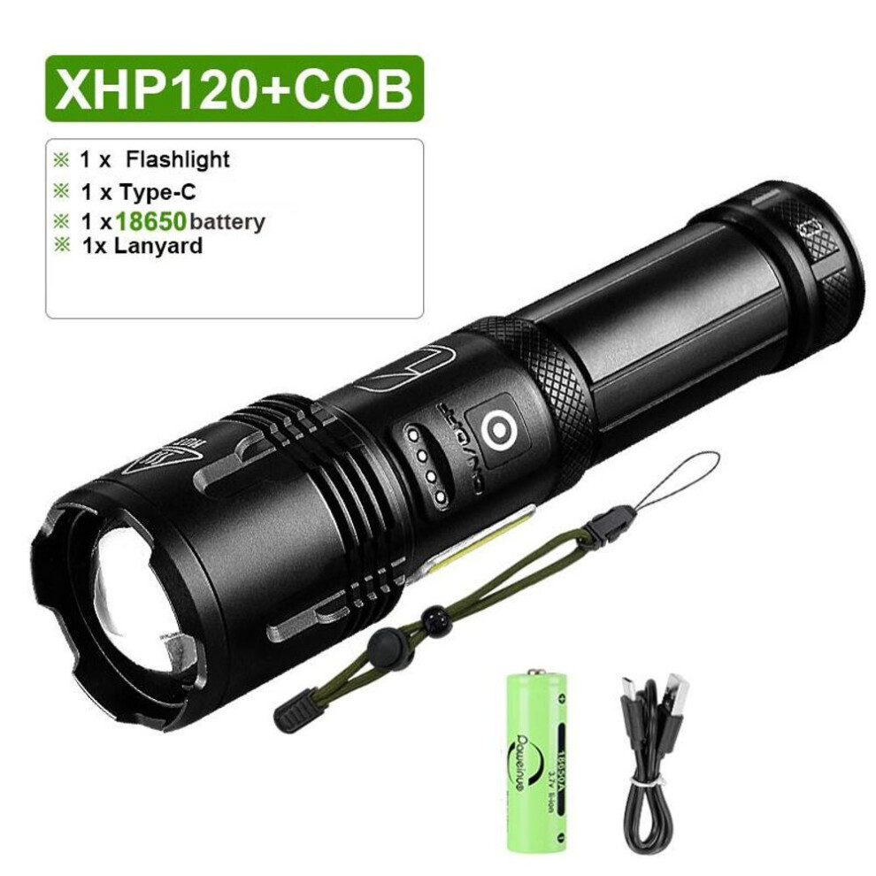 (black, With 18650 battery) Super Xhp120 Powerful Led Flashlight High Power Torch Light Rechargeable Flashlight 18650 Usb Camping Lamp