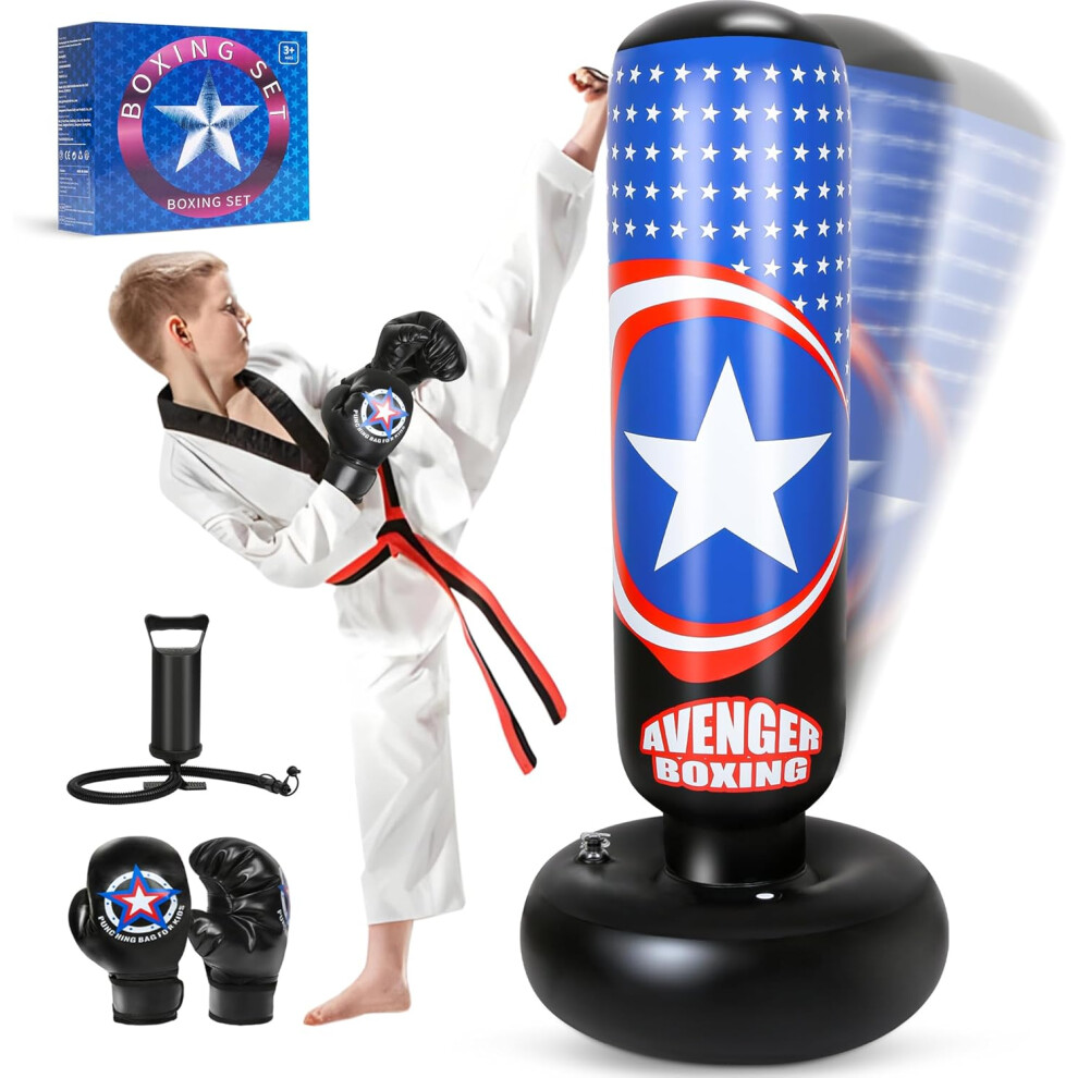(Black) 66 Inch Large Inflatable Kids Punching Bag Set for Boys and Girls Ages 3-14, Freestanding Punching Bag with Boxing Gloves for Karate, Taekwondo, MMA