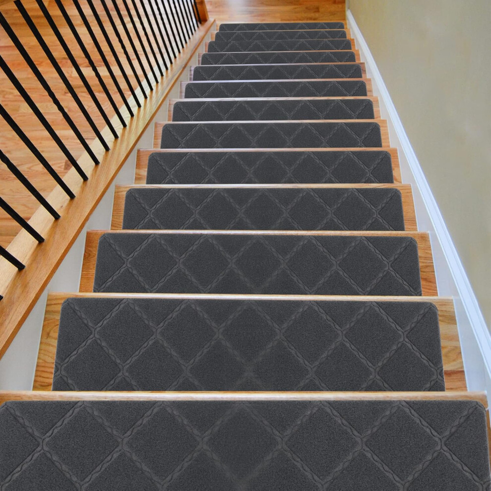 (Grey) Carpet stair treads, non-slip carpet stair treads with non-slip rubber backing, removable and washable step treads, great for pets