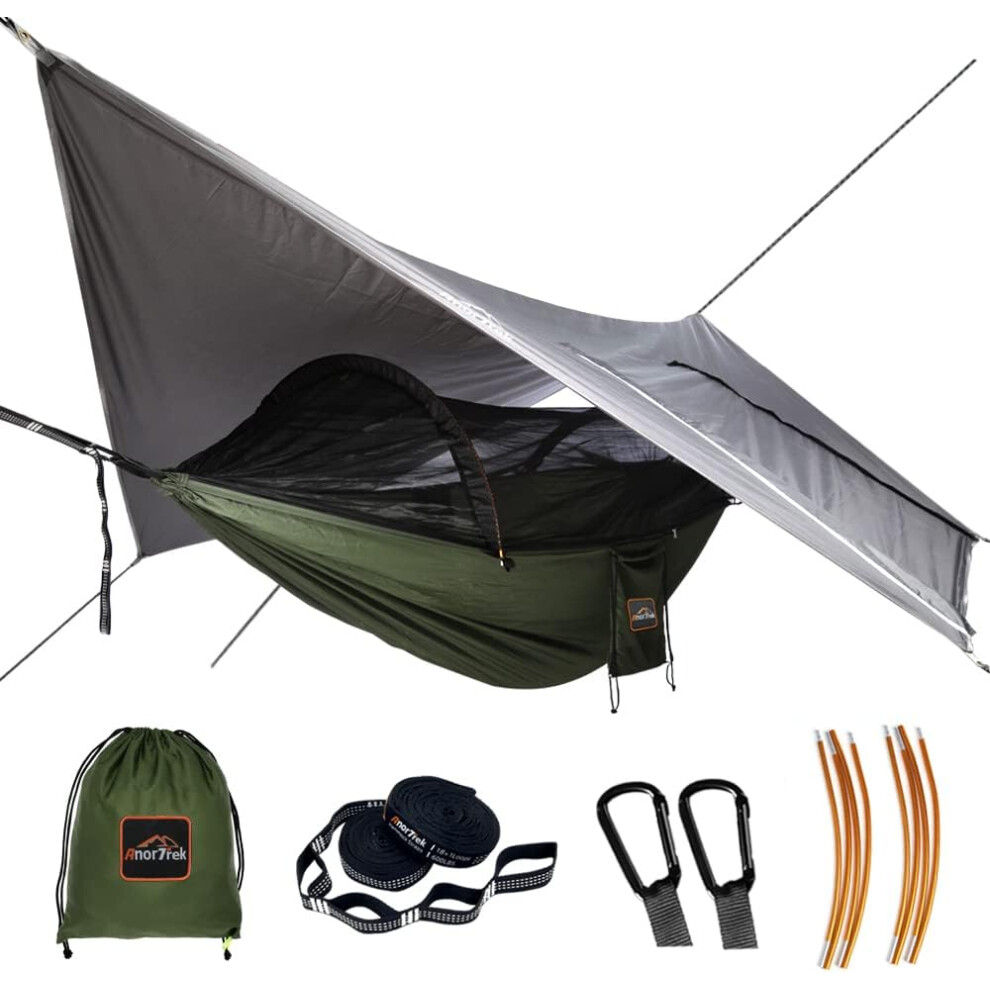 (Green) Camping Hammock with Mosquito Net, Lightweight Portable Double Hammock with Two 10ft Hammock Tree Straps, 230T Nylon Hammock for Camping, Hiking,
