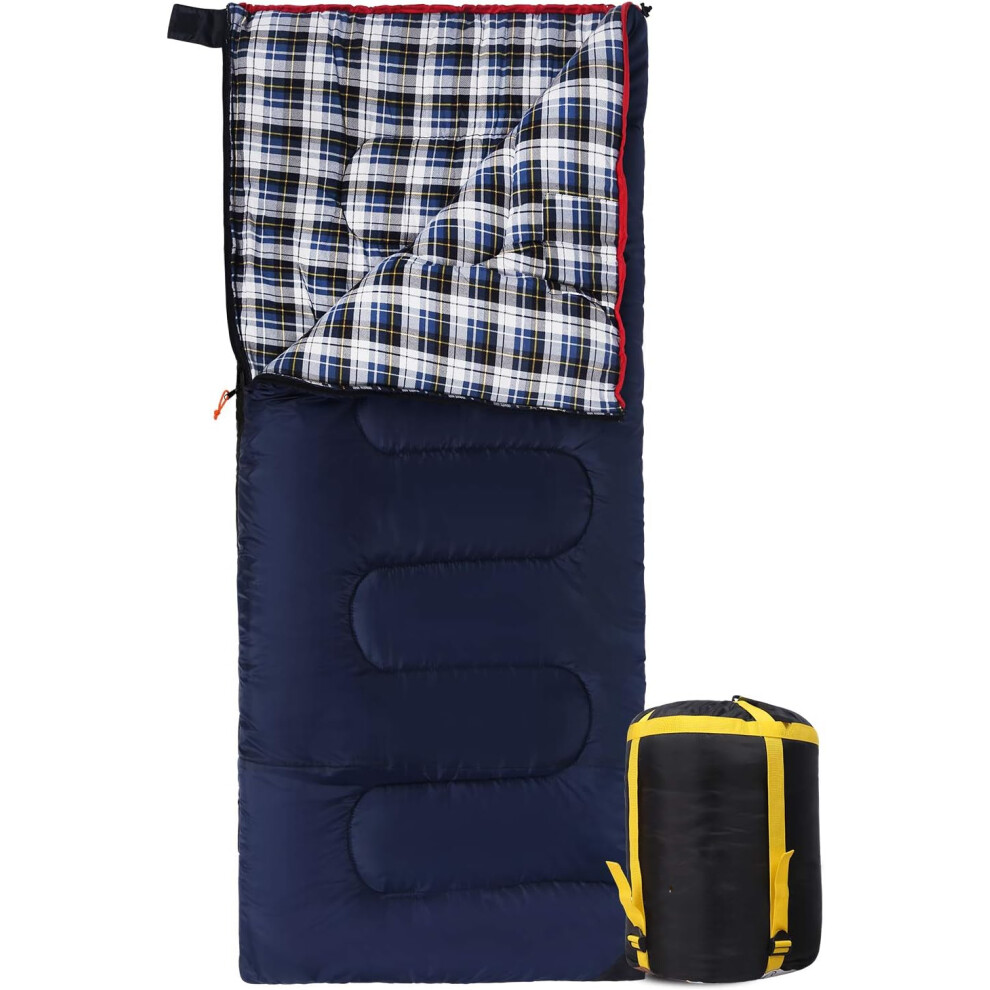 (Navy Blue with 2lbs Filling) Cotton Flannel Sleeping Bags for Camping, 3-Season Warm and Comfortable Adult Sleeping Bag, Envelope with 2/3/4lbs Filling