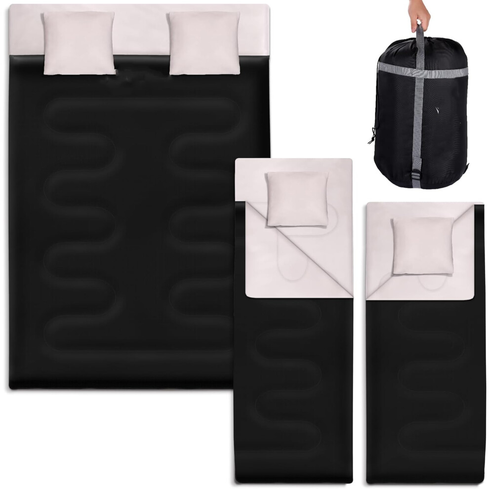 (Black) Double Sleeping Bag with 2 Pillows Extra Large 3-4 Season Lightweight,Waterproof Indoor & Outdoor Use for Adults for Hiking, Backpacking and Camping