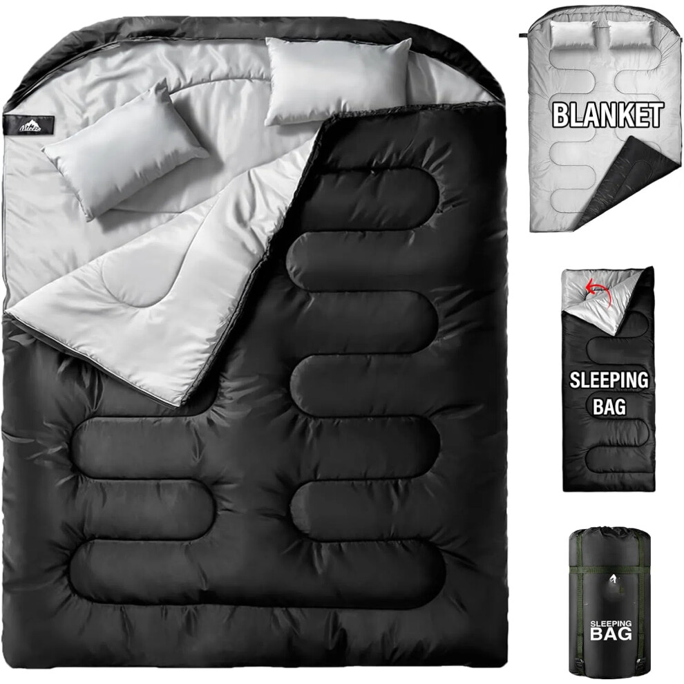 (DOUBLE-BLACK) Mens Double Sleeping Bag Adult Wide Sleeping Bag Camping Large Tall Sleeping Bag Large 2 Person Sleeping Bag Extra Large Warm Cold Weather