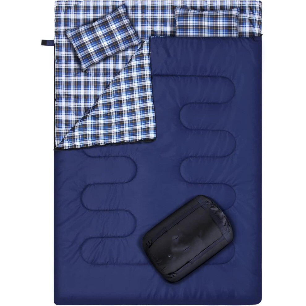 (Blue) Adult sleeping bag with 2 pillows for 3 seasons, waterproof and lightweight 2 person adult sleeping bag for camping, hiking, no fleece lining