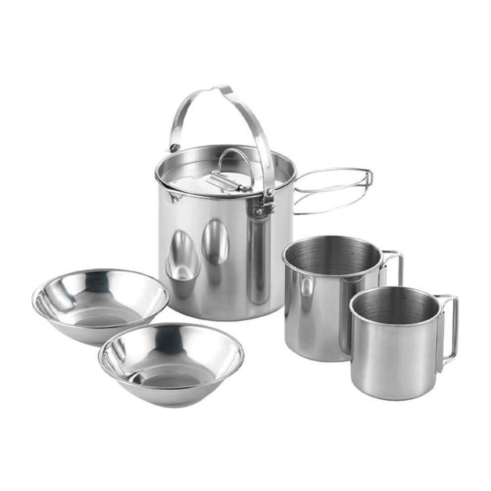 (silver) 5pcs Camping Cookware Set Outdoor Portable Picnic Cookware Kit Stainless Steel Travel Tableware