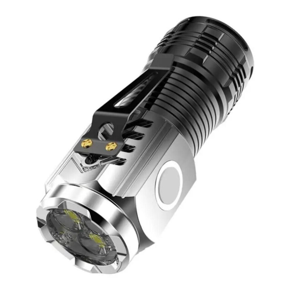 (silver) Led Waterproof Flashlight Mini Super Portable Multi-functional Clip-on Super Magnetic Rechargeable Three-eyed Monster Outdoor