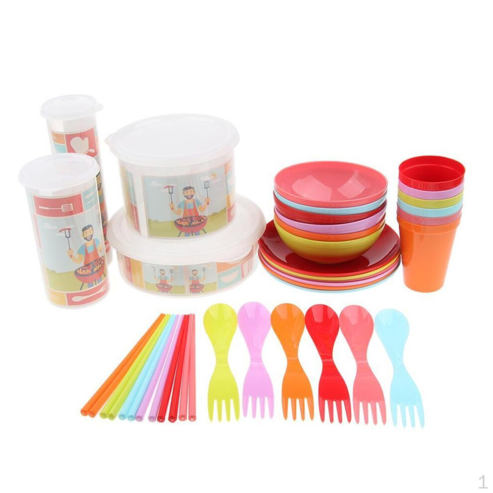 Reusable Plastic Dinnerware Set (34pcs) – Hard , Bowls & Cupss Camping Hiking Picnic