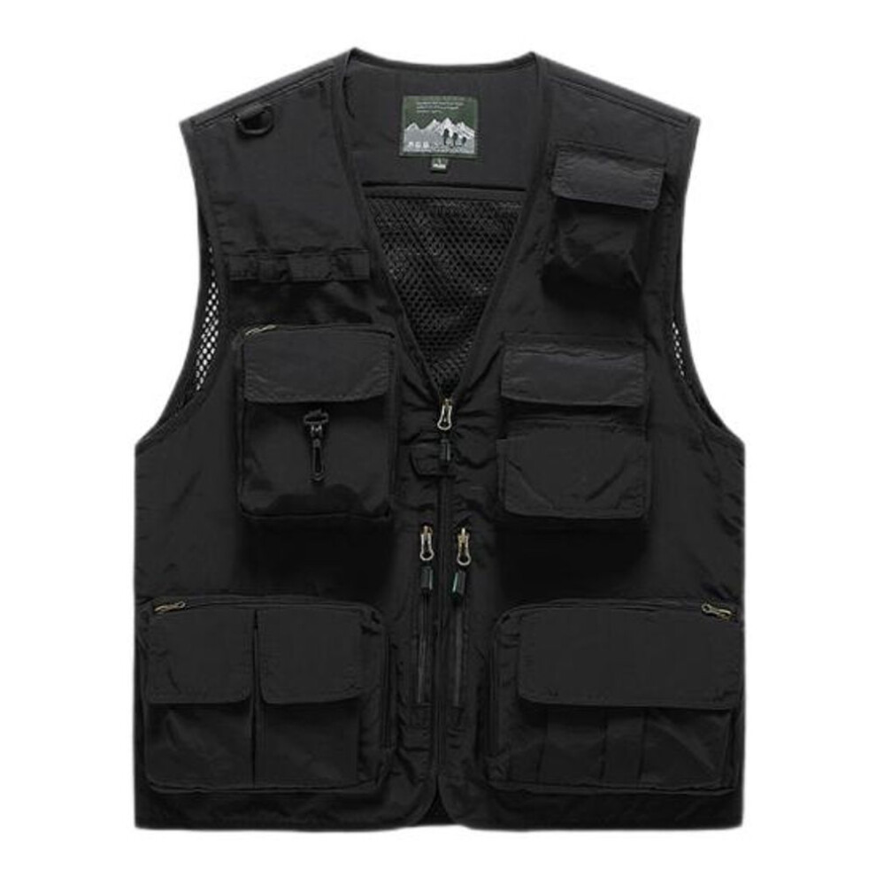 (black, M) Fishing Jacket Multi Pockets Patchwork Wear-resistant Stylish Loose Pure Color Waistcoat For Outdoor